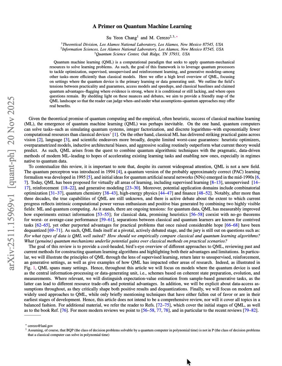 Montreal_AI's tweet image. A Primer on Quantum Machine Learning

Su Yeon Chang, M. Cerezo: arxiv.org/abs/2511.15969

#ArtificialIntelligence #DeepLearning #MachineLearning