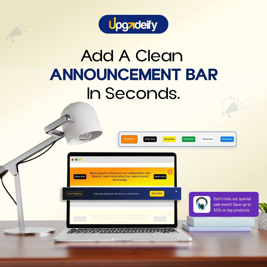upgadeify's tweet image. Make announcements pop on your site.
Turn every update into attention-grabbing moments with Upgadeify.com.

Stand out instantly. Drive action effortlessly.

#Upgadeify #EcommerceTools #WebsiteGrowth #AnnouncementBar #BoostSales