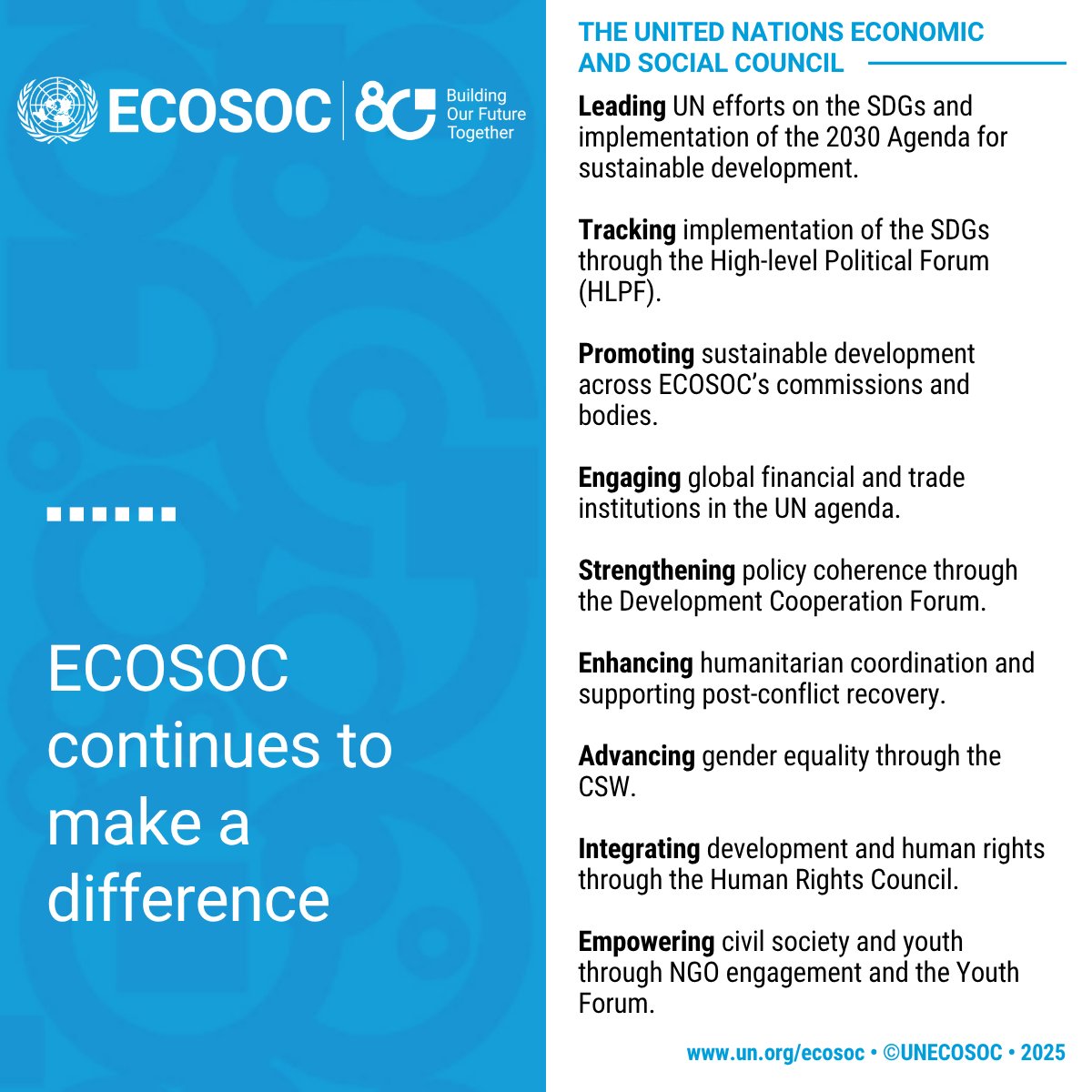 UNECOSOC's tweet image. As the @UN&apos;s principal body for advancing sustainable development, @UNECOSOC provides an important platform for dialogue, innovative thinking and coordinated action on internationally agreed goals.

On 23 January 2026, the UN will commemorate the 80th anniversary of ECOSOC.…