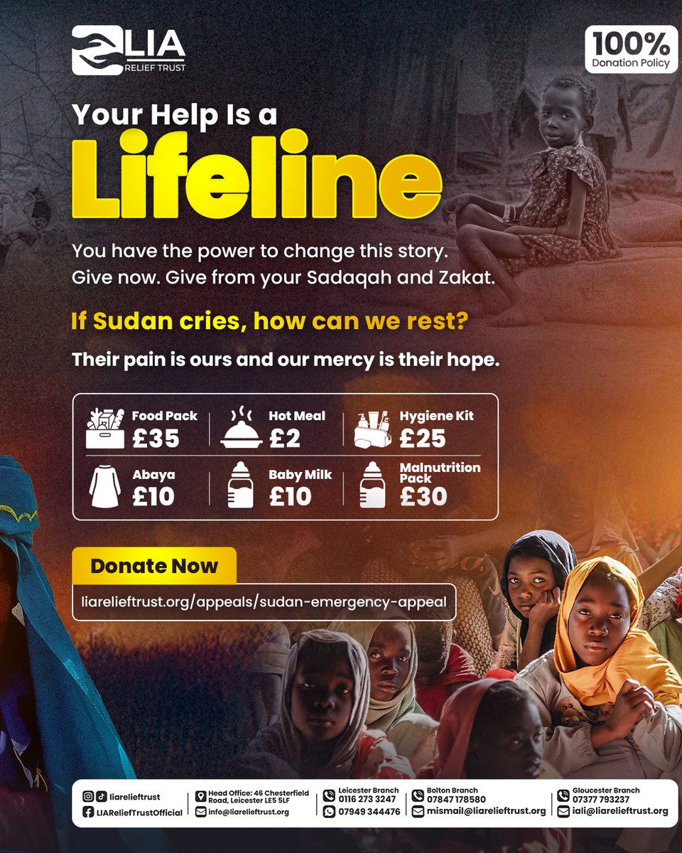 LIAReliefTrust's tweet image. Sudan is bleeding, and the world barely whispers.
12M displaced. 25M facing hunger.
This is OUR test.

Your sadaqah saves lives.

If Sudan cries, how can we rest?
Donate now: liarelieftrust.org/appeals/sudan-…
#SudanAppeal #LIArelieftrust #SadaqahJariyah #CharityUK