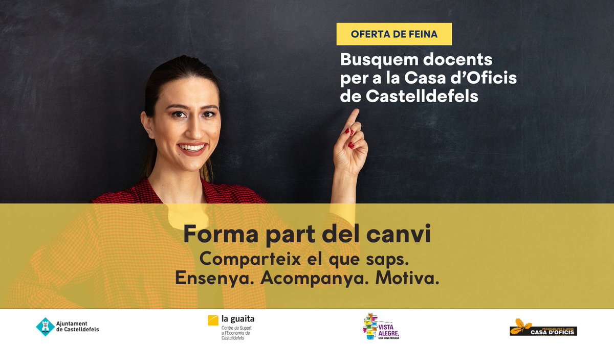 La_Guaita_'s tweet image. 🔍 Busquem talent per formar talent. La Casa d&apos;Oficis obre procés de selecció:
T&apos;agradaria compartir la teva experiència amb joves que volen reconduir el seu futur?
📲 Informa&apos;t als nostres canals!

#Feina #Formació #Educació #CasaDOficis #OportunitatLaboral #Castelldefels #Joves