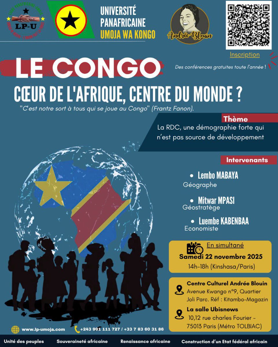 #Paris : conférence sur « le Congo, cœur de l’Afrique, centre du monde  ? » 

« La RDC, une démographie forte qui n’est pas source de développement »

<a href="/lpumoja/">Ligue Panafricaine-Umoja</a> 
<a href="/Bandundu243/">Lembo</a> 
<a href="/AmzatBoukari/">Amzat Boukari-Yabara</a>