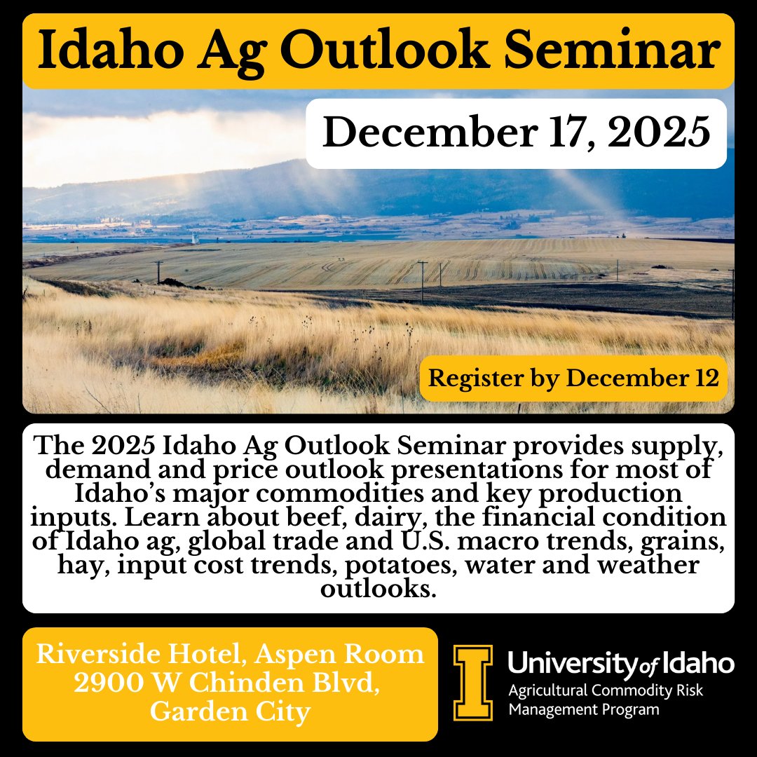 Interested in learning about the current state of Idaho’s agriculture industry? Attend the Idaho Ag Outlook Seminar December 17 in Garden City. The seminar will include presentations and discussions from several ACRM faculty members and program alumni. 

uidaho.edu/extension/even…