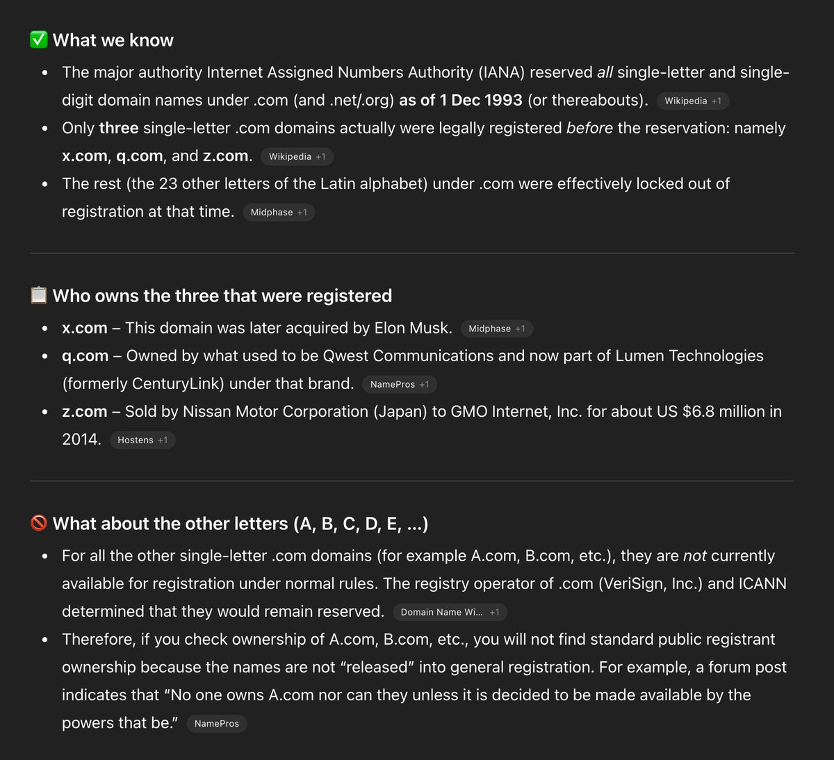 TGines's tweet image. I was curious about the single-letter domain names. Apparently there are only 3. The rest are off limits.