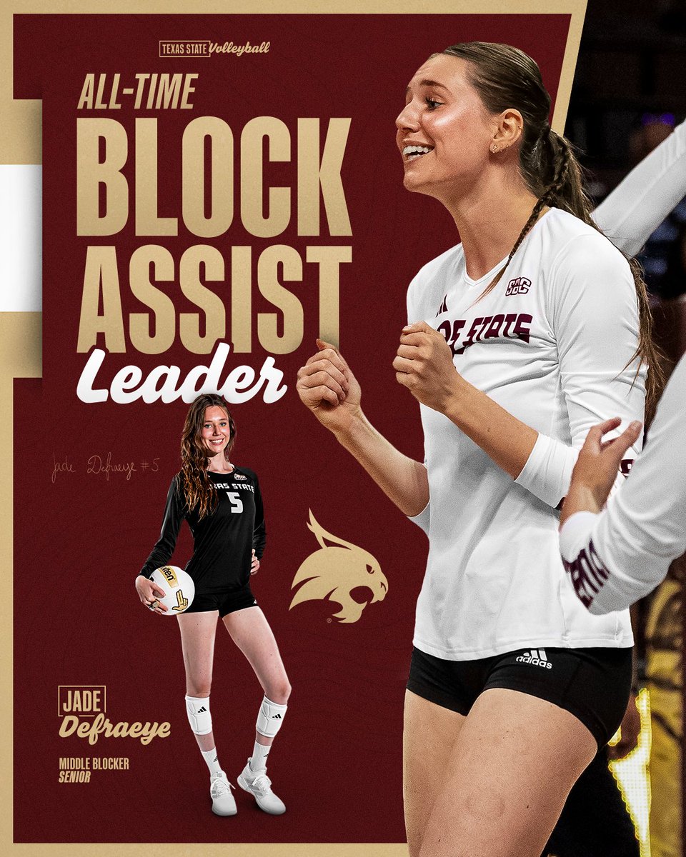 TexasStateVball's tweet image. After six blocks in the opening set, @defraeye22 is now your all-time program leader in block assists!
