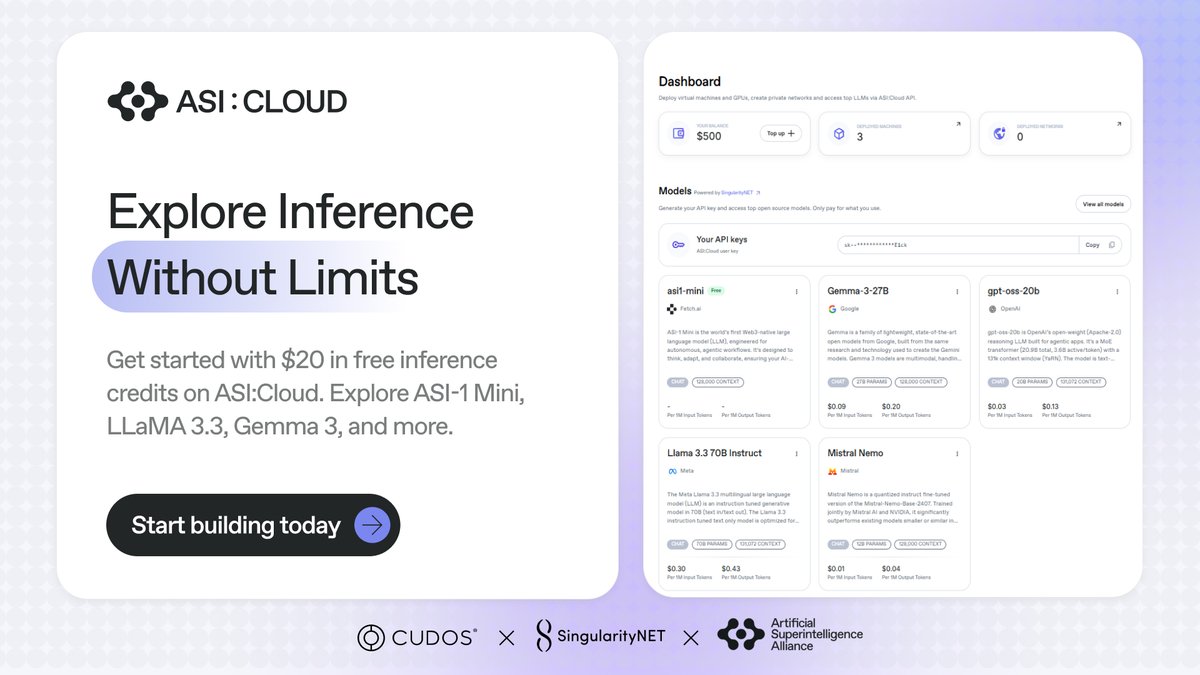 CUDOS_'s tweet image. 🚨 Get $20 in free compute to run inference on ASI:Cloud.
🌐 Get permissionless wallet access to:
• ASI:1 Mini (free)
• GLM 4.5 Air
• gpt-oss-20b
• More open source models

1️⃣ Sign up: asicloud.cudos.org/?utm_source=tw…
2️⃣ Join: discord.com/invite/cudos?u…
3️⃣ Claim: docs.google.com/forms/d/e/1FAI…