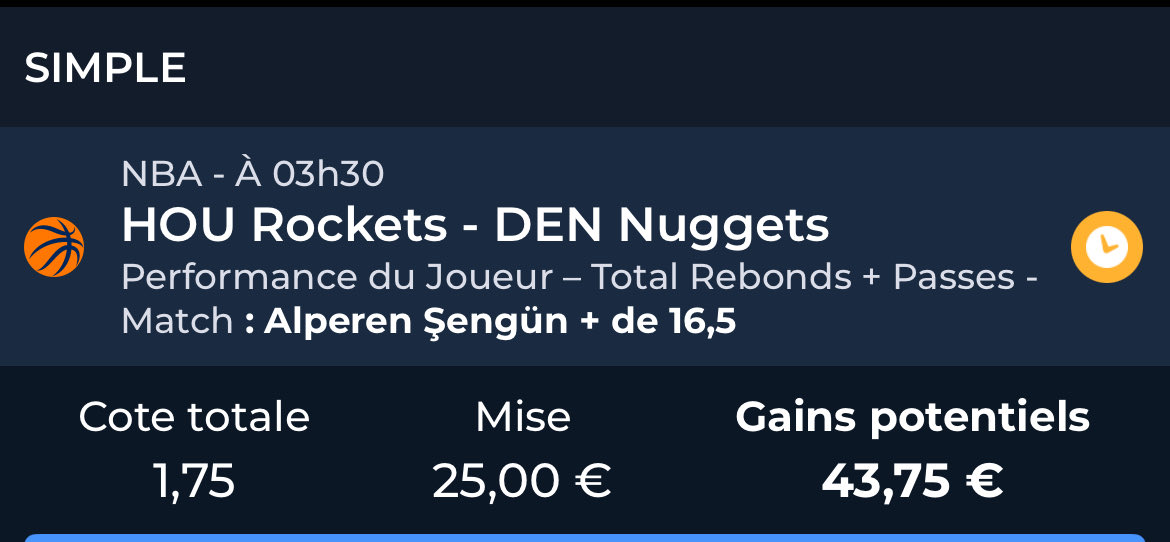 FastBreakTips's tweet image. Je rajoute 1.25% sur : 

Sengun over 16,5 assists/rebonds 
@ 1,75 💰1.5% 

Il va nous pondre une ligne de monstre Alperen !