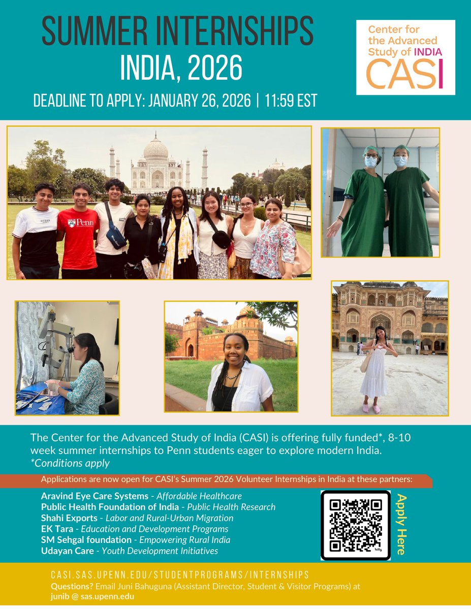 CASIPenn's tweet image. Attention Penn students! Applications for Student Programs Internships in India for Summer 2026 are now OPEN! Deadline to apply: Jan 26, 2026. Read more &amp;amp; Apply: casi.sas.upenn.edu/studentprogram…
