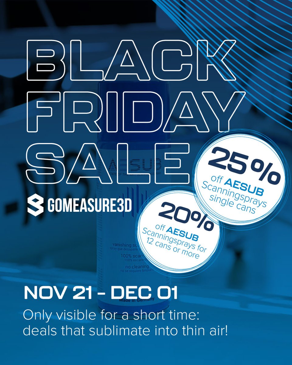 Our Black Friday sale is here! 🎉

Save up to 25% off on <a href="/AESUB_Scanspray/">AESUB by Scanningspray</a>'s 3D scanning sprays from Nov 21 - Dec 1, 2025.  

The Black Friday deal is only here for a short period of time!  

Shop now → shop.gomeasure3d.com

#BlackFridayWithAESUB