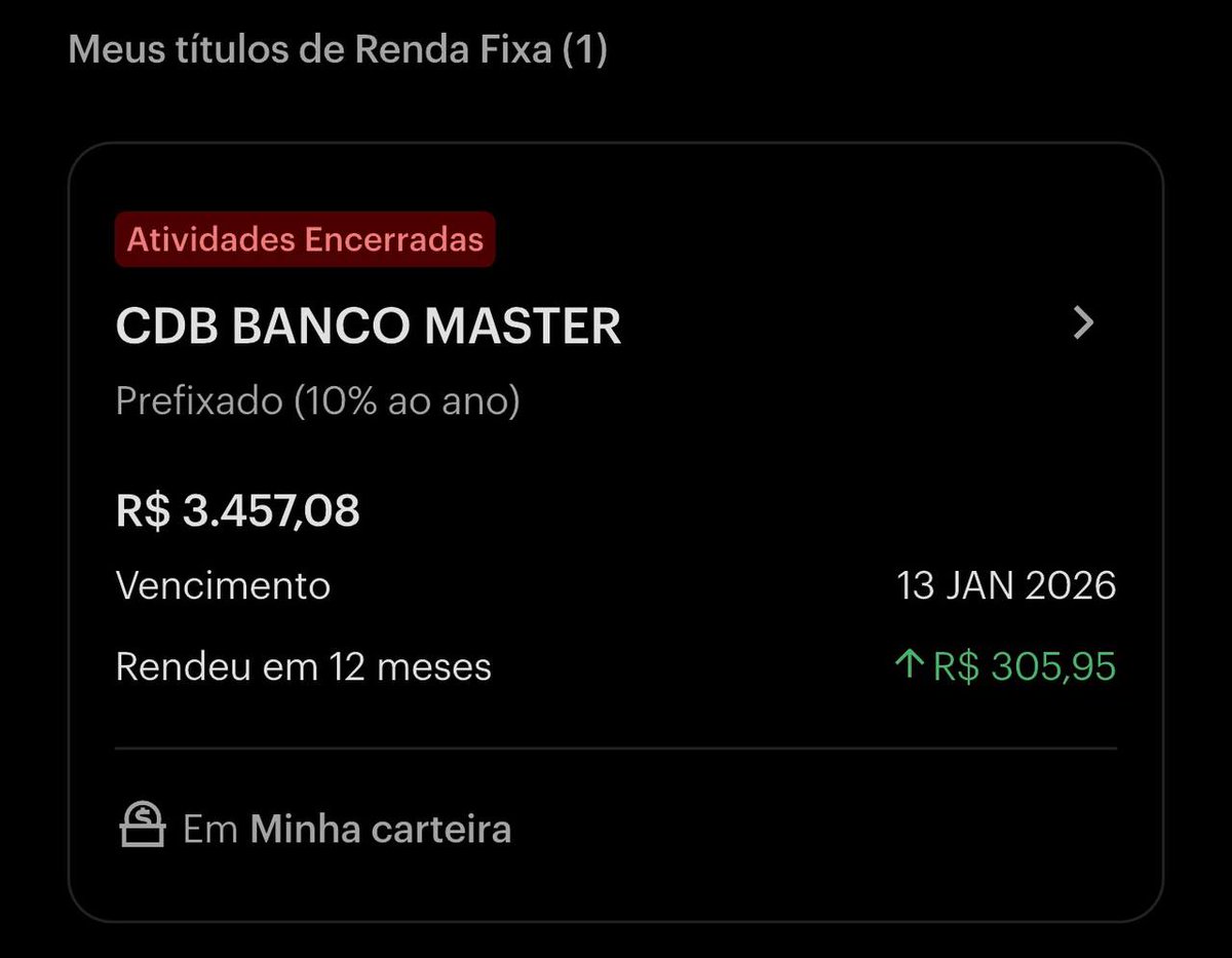 vinecriptoverso's tweet image. Da série: se eu comprar um circo, o anão cresce.

Comprei essa bomba em 2020, quando a SELIC tava quase 3%.
Do nada, os juros disparam, o “investimento” começa a perder pra inflação e pra completar o show… 

O Banco Master vai lá e quebra dois meses antes do meu resgate.

E não…