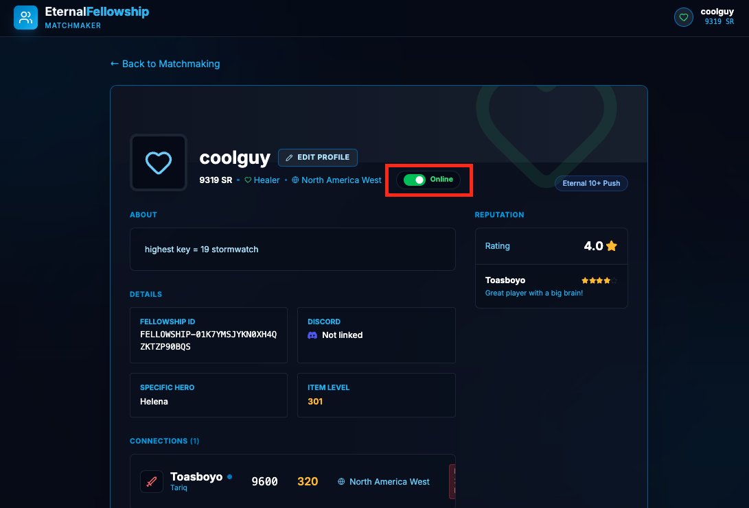 will_data_nerd's tweet image. Added a toggle for &quot;offline/online&quot; so you can show show people if you&apos;re on

Obviously not gonna hook up to the steam API so its just a manual fix for now

(You can also sort people on the homepage by &quot;online&quot; if you want to play right now!)

#fellowship