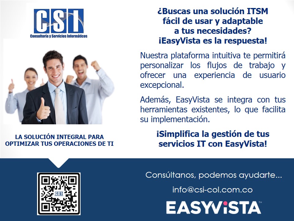csi_col's tweet image. 🧐¿Buscas una solución #ITSM fácil de usar y adaptable a  tus necesidades?
🎯#EasyVista es la respuesta

✅Nuestra plataforma intuitiva te permitirá personalizar los flujos de trabajo y ofrecer una experiencia de usuario excepcional.

🆘Podemos ayudarte... 📧info@csi-col.com.co