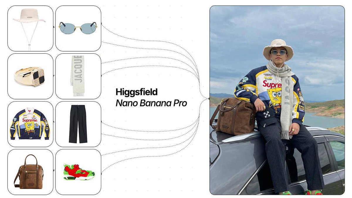 higgsfield_ai's tweet image. Nano Banana Pro capabilities insane walktrough - dress in any referenced clothing! 🧩🍌

Prompt: &quot;Apply these 8 clothing items to this person&quot;

For the next 48 hours ONLY - get 1 Year UNLIMITED Nano Banana Pro on Higgsfield!

For 12 hours: follow, like, retweet &amp;amp; comment = FREE…