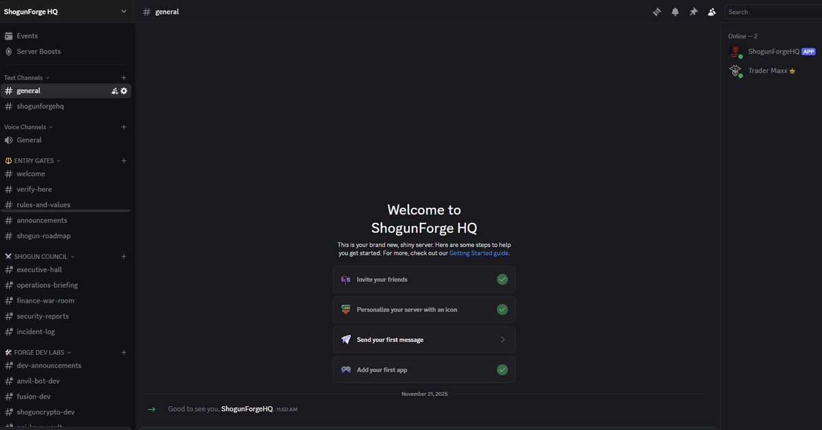 TraderMaxx_AF's tweet image. Spent the morning forging the entire Shogun Discord HQ. ⚔️🔥

• Full permission system
• Role hierarchy for Devs, AI Teams, Security, Content &amp;amp; Community
• Complete channel structure for ShogunCrypto, ShogunFusion, Anvil Bot &amp;amp; the Forge Show
• Bot command hubs &amp;amp; voice rooms…
