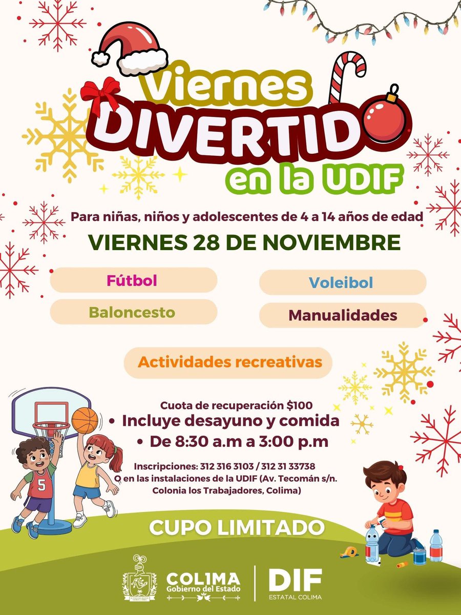 ¡Este Viernes Divertido viene con todo! 🎉

Acompáñanos el 28 de noviembre de 08:30 a 15:00 en la #UDIF.
Tendremos actividades pensadas especialmente para infancias y adolescencias.
¡No te lo puedes perder!
Costo: $100 pesitos 💥