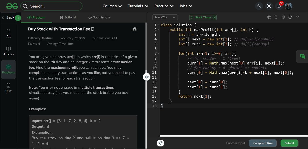 amanhaidry's tweet image. 🗓️Day-121/365 | #365DaysOfCode 💻| @geeksforgeeks

#DynamicProgramming in #DSA
✅Buy Stock with Transaction Fee
✅Dynamic Programming -2 Overview

🔗Course Link: geeksforgeeks.org/nation-skill-u…
#skillupwithgfg #nationskillup #365DaysOfDSA #geeksforgeeks #gfg #365DaysOfcoding #java