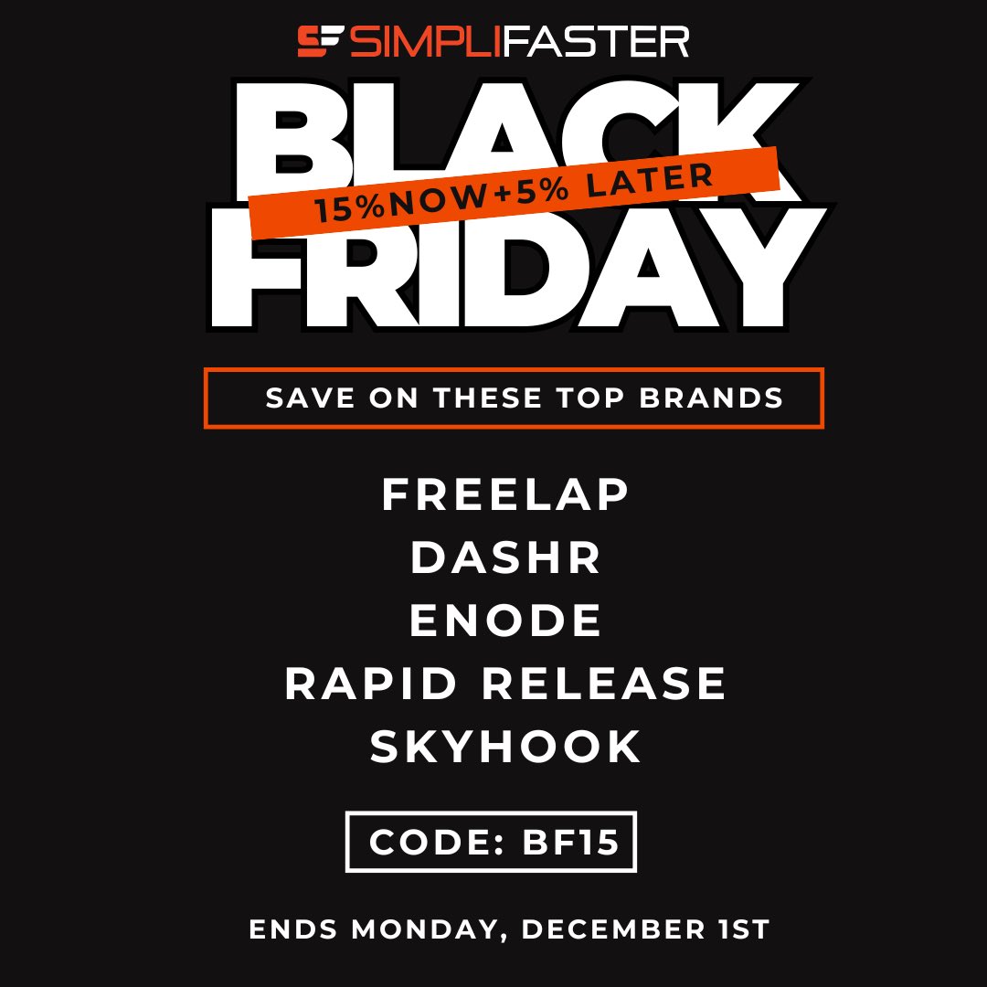 SimpliFaster's tweet image. ‼️BLACK FRIDAY‼️ starts today!!

Save 15% on these top brands AND get 5% back in rewards.

@DashrMPS 
@enodesports 
@SkyhookJumpMat 
@freelap 

Use code BF15 at checkout &amp;amp; browse below 👇