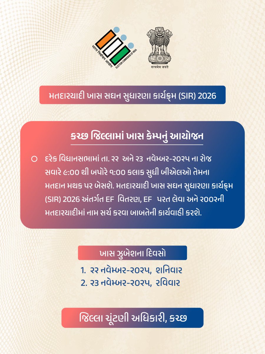 મતદાર મિત્રો,

📅 22–23 નવેમ્બર
⏰ સવારે 9:00 થી બપોરે 1:00 કલાક સુધી
📍 તમારા મતદાન મથક

તમારા વિસ્તારના BLO રહેશે હાજર

👉 ગણતરી ફોર્મ (Enumeration form) BLO પાસે જમા કરાવો

<a href="/CEOGujarat/">Chief Electoral Officer, Gujarat</a> <a href="/ECISVEEP/">Election Commission of India</a>