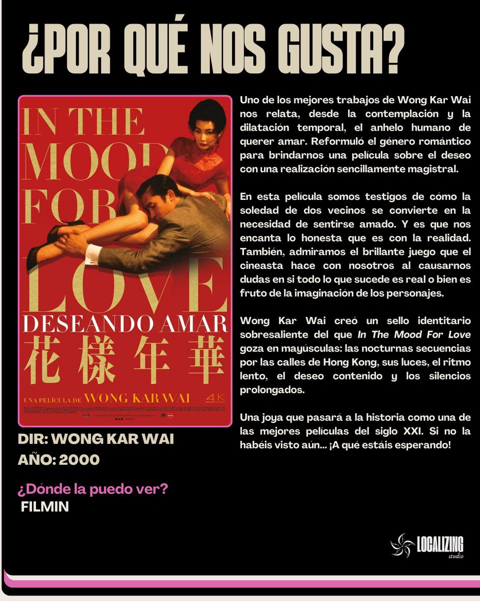 Localizing_St's tweet image. Wong Kar Wai convirtió el anhelo, la belleza y la melancolía en un lenguaje propio.
 In the Mood for Love (2000) es una obra maestra que redefine el amor contenido y la poesía visual.
Si aún no la habéis visto… hoy es el día. 🌙✨
#ViernesDeArte #InTheMoodForLove