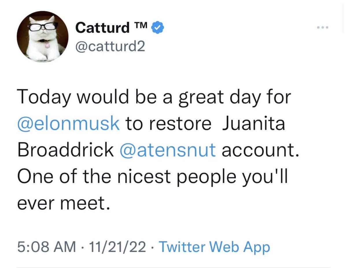 atensnut's tweet image. Exactly 3 years ago today, my friend, @catturd2  tweeted this.  I had been banned from Jack Dorsey’s Twitter for almost a year.    My crime was daring to tell the truth about the Covid Jab.  

Within a few hours Elon allowed me to return.   Thanks, Catturd …and thanks, Elon.