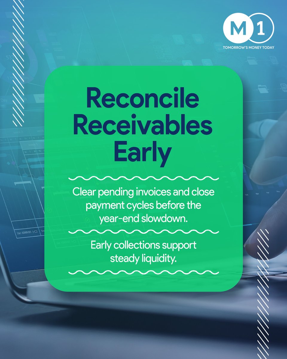 M1xchange's tweet image. End the year with financial clarity.
By reconciling receivables early, strengthening your working capital position, and planning for year-end cash needs, your MSME can enter the new year with stability and confidence.

#FinancialPlanning #MSMEFinance #WorkingCapital #M1xchange