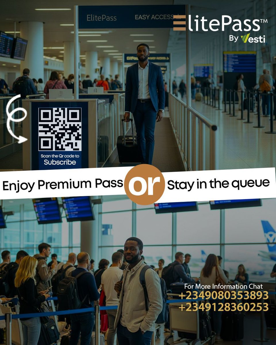 VestiOfficial's tweet image. Skip the queues. Save your time. ✈️
With ElitePass by Vesti, you fast-track airport processes and enjoy smooth, efficient travel every time.

Scan the QR code or visit wevesti.com/elite-pass to subscribe.

#ElitePass #Vesti #TravelSmart #AirportFastTrack