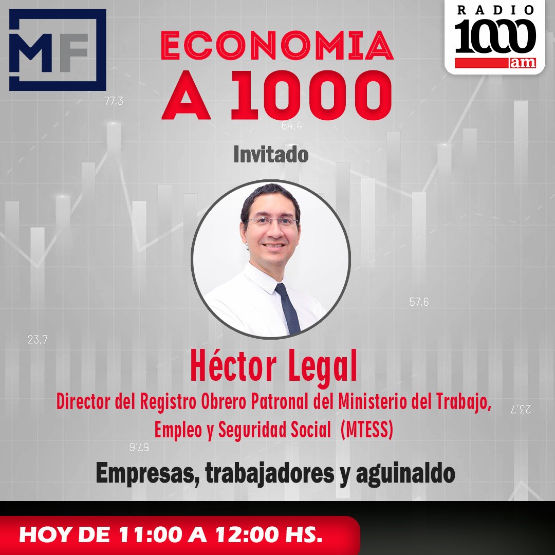 ECONOMÍA A 1000 |🛒📊📈📉

🗣️Este viernes junto a <a href="/princeotto4/">Prince Otto</a> y <a href="/adacaballerot/">Ada Caballero</a>, de <a href="/mfeconomia/">MF Economía | Inversiones</a> abordaremos sobre "Empresas, trabajadores y aguinaldo".

➡️Invitado: Héctor Legal, Director del Registro Obrero Patronal del <a href="/MTESS_PY/">Ministerio de Trabajo, Empleo y Seguridad Social</a> 
 
🕛 11:00 a 12:00 horas

#1000Noticias #1000am