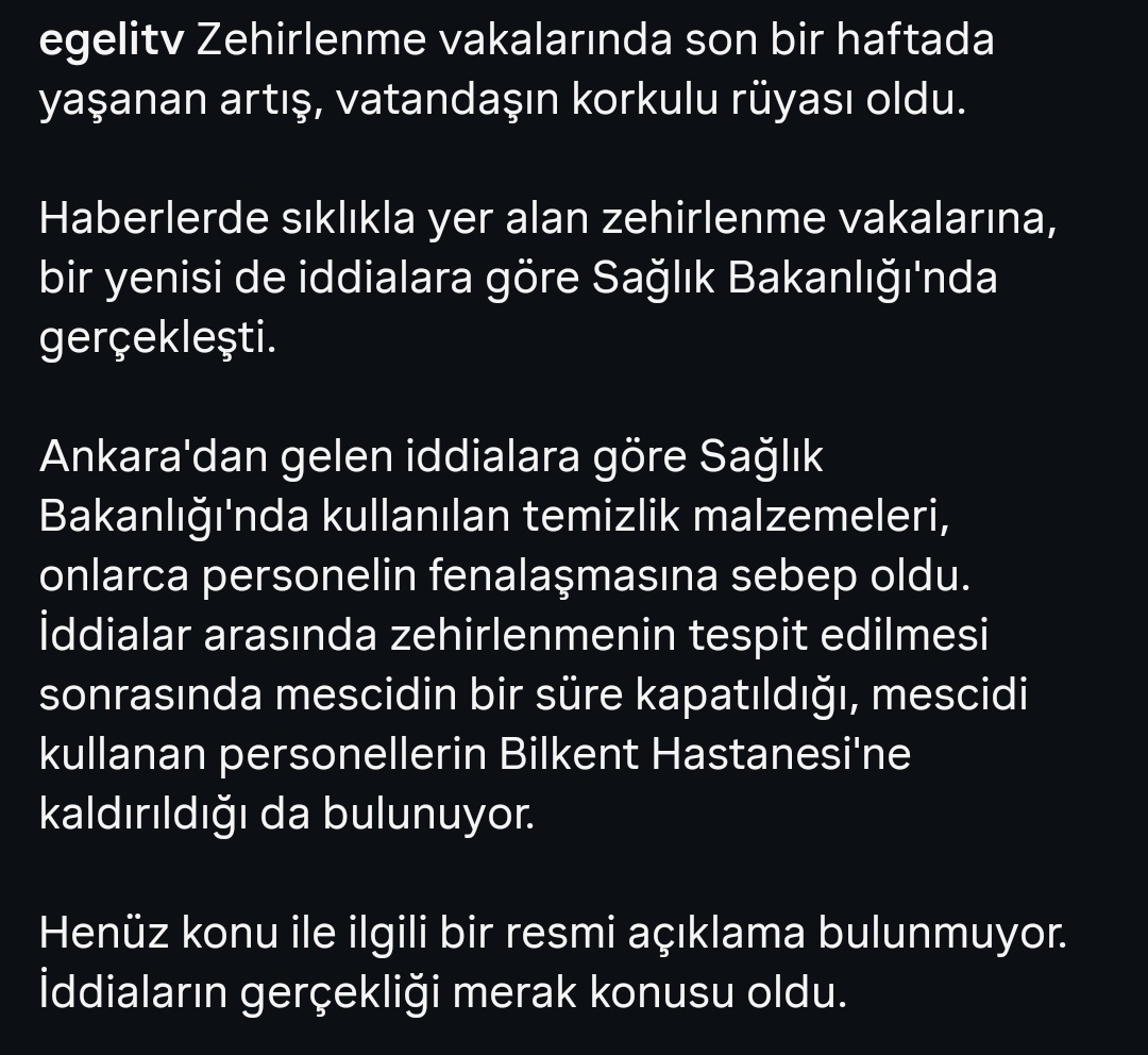 Haberlerde sıklıkla yer alan zehirlenme vakalarına, bir yenisi de iddialara göre Sağlık Bakanlığı'nda gerçekleşti. 
Ankara'dan gelen iddialara göre Sağlık Bakanlığı'nda kullanılan temizlik malzemeleri, onlarca personelin fenalaşmasına sebep oldu.