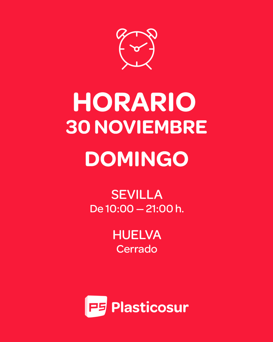 ⏰🎉 ¡Este domingo 30 de noviembre abrimos en Sevilla!

Sí, sí… En Plasticosur Sevilla estaremos con toda la energía para ayudarte con tus compras.

🕙 Horario especial: de 10:00 a 21:00 h.
📍 Solo en nuestra tienda de #Sevilla

#Plasticosur #HorarioEspecial #DomingoAbierto