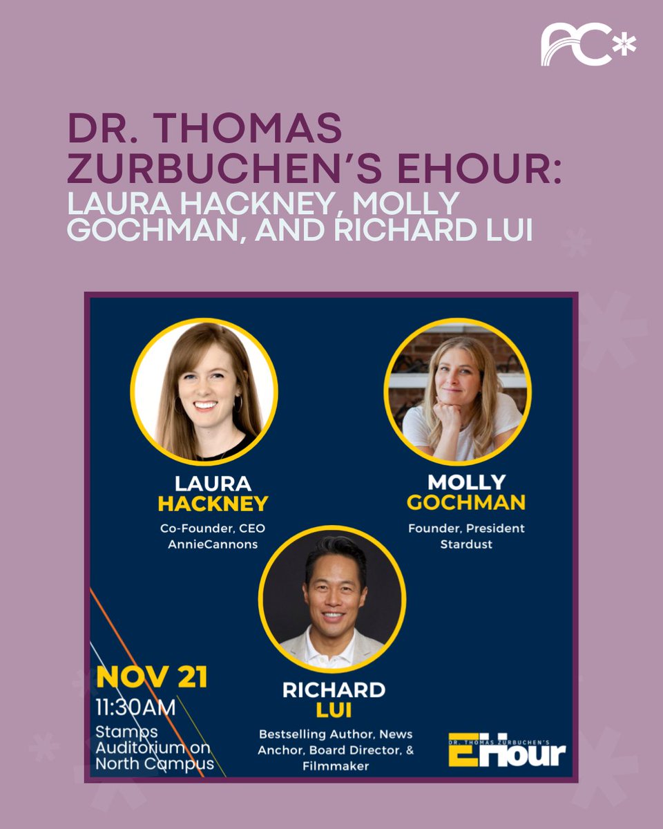 anniecannons's tweet image. We’re excited to share that our CEO, Laura Hackney, will be joining Molly Gochman and moderator Richard Lui today for a special session of Dr. Thomas Zurbuchen’s EHour at the University of Michigan’s Stamps Auditorium on North Campus.
#EHour #LeadershipInAction #CreativeImpact