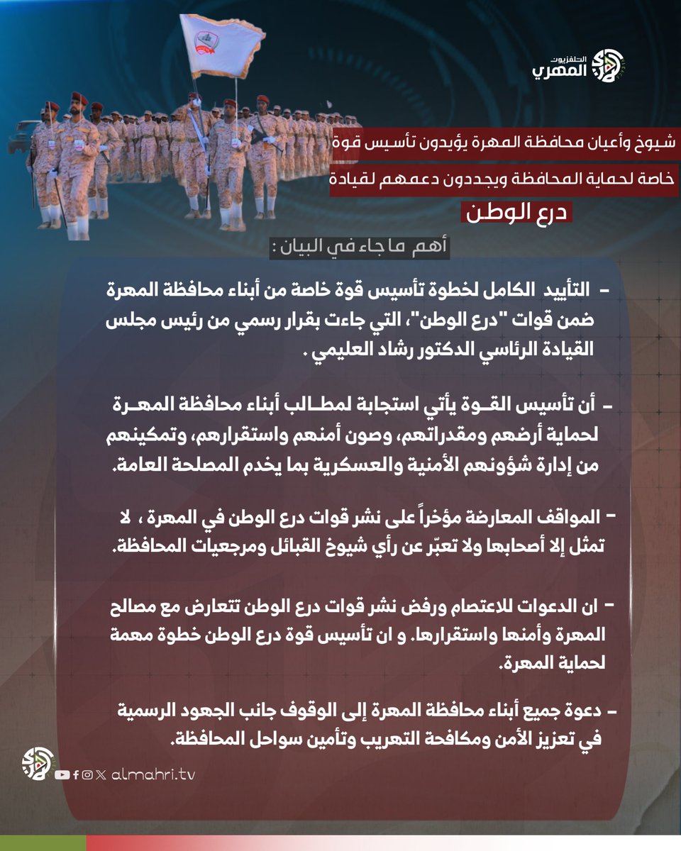 شيوخ وأعيان محافظة #المهرة يؤيدون تأسيس قوة خاصة لحماية المحافظة ويجددون دعمهم لقيادة #درع_الوطن

#التلفزيون_المهري