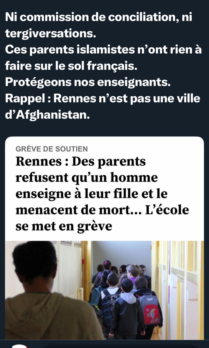 JefHugo99582's tweet image. Des parents musulmans radicaux exigent que l’éducation nationale française ne mette plus que des enseignants hommes pour les élèves garçons, et des enseignantes femmes pour les élèves filles .. 
Et, les autorités macronistes essayent lâchement de trouver des arrangements 🤮🤮🤮🤮