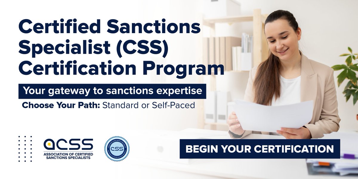 🏆 BECOME A CERTIFIED SANCTIONS SPECIALIST

In today's complex sanctions landscape, expertise isn't optional, it's essential.

🔗 Begin your certification journey: sanctionsassociation.org/css-about/

#SanctionsCompliance #CSSCertification #ACSS #ComplianceProfessional #CareerGrowth