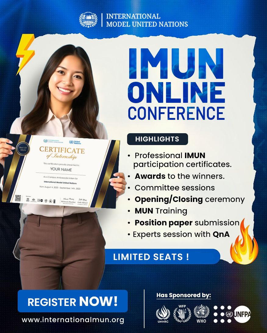imunofficial's tweet image. 🌍 Want a UN-sponsored boost for your CV?
Join the IMUN Online Conference from home! 💻✨

🏅 UN-sponsored certificate
🗣 Real MUN debates &amp;amp; training
🌐 Network with 500+ delegates
⚡ Awards that strengthen college/job apps

Register now: internationalmun.org
#IMUN #ModelUN