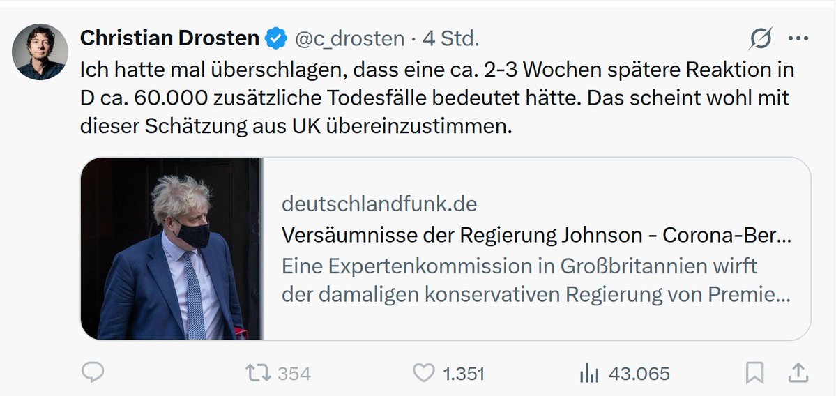 Drosten verbietet Kommentare. Kein Wunder, NIH-Direktor <a href="/DrJBhattacharya/">Jay Bhattacharya</a> hatte zuvor gefragt, warum Schweden viel weniger Tote hatte als UK. Ähnlich hatte South Dakota weniger als North Dakota. Und Florida weniger als Kalifornien. x.com/DrJBhattachary…
