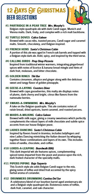 FUNFoodBlog's tweet image. Knott&apos;s Merry Farm is offering a 12 Days of Christmas beer selection. Guests will visit 12 different locations to try each of the specialty selections.