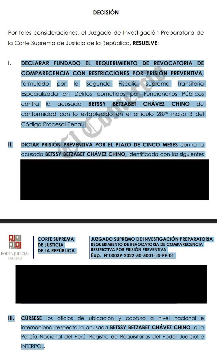 #AHORA Esta es la resolución del juez Juan Carlos Checkley que dicta 5 meses de prisión preventiva para Betssy Chávez, asilada en la Embajada de México en Lima. Además cursa los oficios de "ubicación y captura a nivel nacional e internacional" a la PNP, Requisitorias e Interpol.