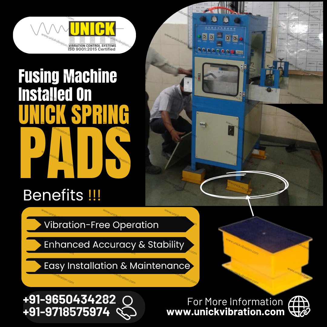 UnickVibration's tweet image. 🚀 Fusing Machine has been successfully installed on UNICK Spring Pads!
:
Need the best vibration control solution for your machines?
📞 Call Us: +91-9650434282 | +91-9718575974
🌐 unickvibration.com/product/spring…
::::::::::::
#UnickVibration #SpringPads #VibrationControl #FusingMachine