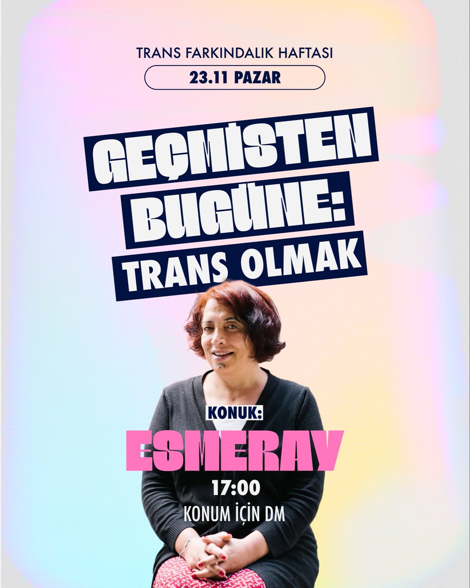 Trans Farkındalık Haftamızın son etkinliği için 23 Kasım Pazar günü Esmeray ve diğer trans arkadaşlarımızla buluşuyoruz.

Kuşaklarası trans deneyimleri üzerine dinleyecek; geçmişimiz, günümüz ve geleceğimiz üzerine konuşacağız. 

Katılmak için bize ulaşabilirsin 🏳️‍⚧️⚧️