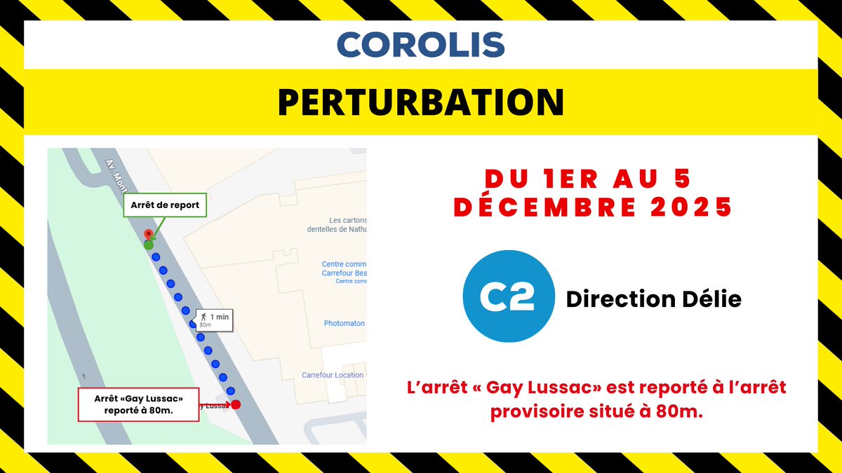 CorolisBeauvais's tweet image. 🚧INFO TRAFIC 🚧

Dans le cadre de la sécurisation de l&apos;arrêt « Gay Lussac », une déviation sera mise en place du 1er au 5 décembre 2025.

👉Ligne C2 direction Délie
➡️L’arrêt « Gay Lussac » est reporté à l’arrêt provisoire situé à 80m.

Merci pour votre compréhension.