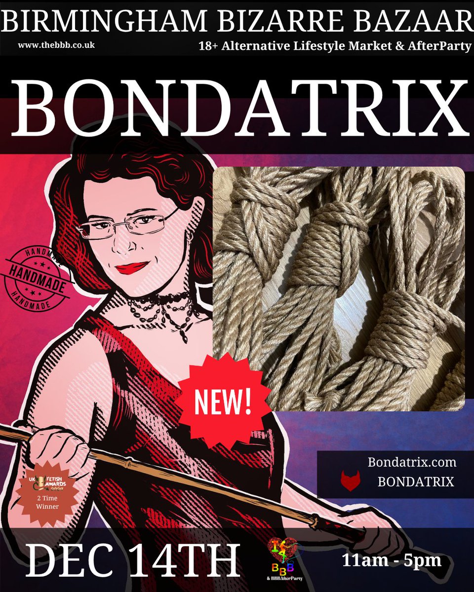 BBBAltFetBazaar's tweet photo. @Bondatrix at KINKMAS Dec 14th! 🖤 NEW STOCK! Limited edition Osaka jute! NEW PVC clothing! Suede accessories! Premium rope bondage! Don't miss out!

#Bondatrix #BBBTrader #BirminghamBizarreBazaar #KINKMAS #RopeBondage https://t.co/fPJ5wKDxjh