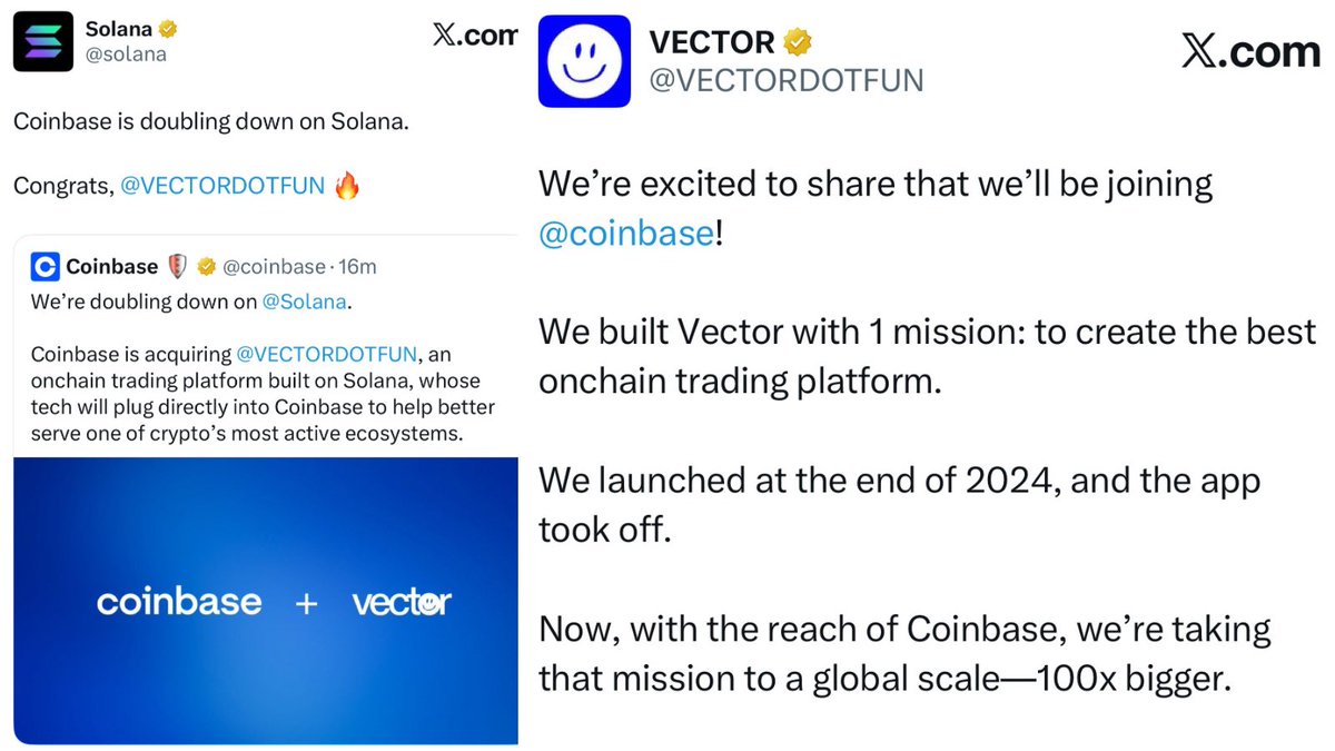 Coinbase와 Vector 인수 발표 모음