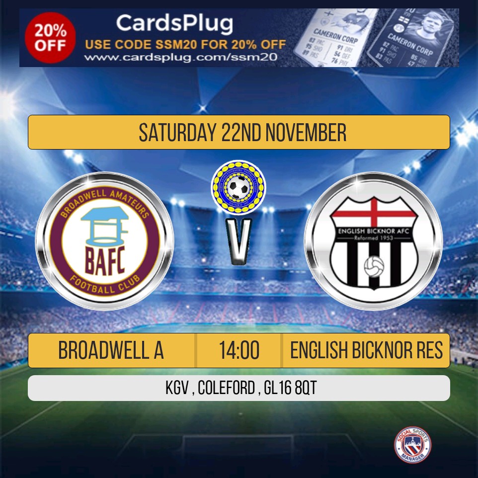 ⚽️⚽️ SATURDAY'S FIXTURES ⚽️⚽️

Only 2 games as the 1st Team have a Weekend off.

Res v <a href="/EllwoodAFC/">Ellwood AFC ⚽️</a> Home
2.00pm 

A Team v <a href="/bicknor_fc/">English Bicknor FC</a> Home
2.00pm

<a href="/NorthGlosLeague/">North Glos League</a>