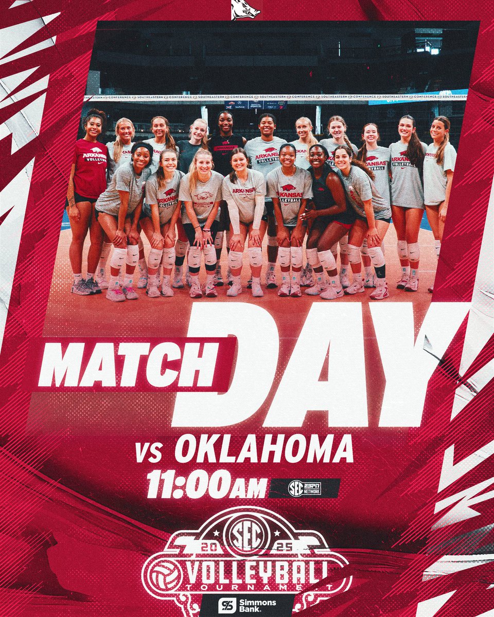 RazorbackVB's tweet image. Tourney time! 🥳

🆚 Oklahoma
📍 Savannah, Ga.
🕚 11 a.m. CT
📺 SEC Network
🔗 bit.ly/vbgd25