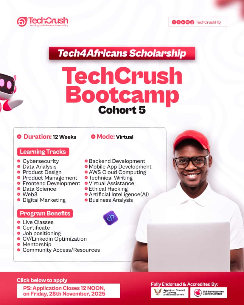 JobBusStop's tweet image. Apply for TechCrush Next Scholarship Cohort &amp;amp; Stand a chance for a Scholarship Award!

[Open to All Africans]

This is courtesy of sponsors, tutors and dedicated team at TechCrush.

Apply for FREE: techcrush.pro/scholarship/ap…