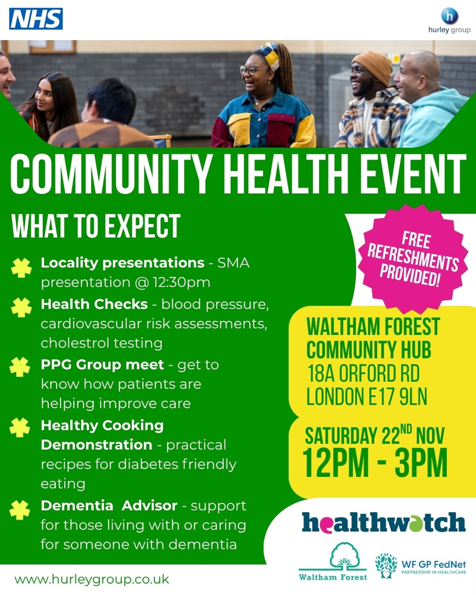 Join us this Saturday 22nd November at the Waltham Forest Community Hub and get to know how patients are helping improve care across your borough. 

Our team from SMA Medical Centre will be presenting at 12:30pm to discuss the changes we are making with the help of our PPG.