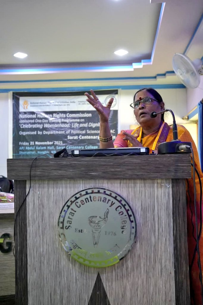 India_NHRC's tweet photo. Today NHRC Member, Smt Vijaya Bharathi Sayani delivered a lecture on the theme ‘Celebrating Women, Life and Dignity’ at Sarat Centenary college in Dhanikhali village in Kolkata, West Bengal. https://t.co/WDXdryMROU