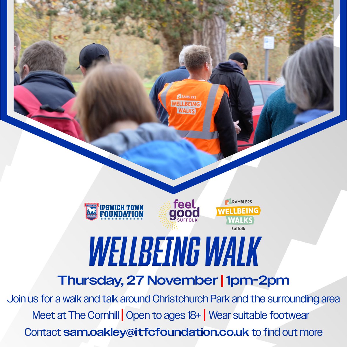 ITFCFoundation's tweet image. 🚶The Foundation&apos;s next Wellbeing Walk will take place next Thursday, 27 November.

To join us for a walk around Christchurch Park and the surrounding areas, email sam.oakley@itfcfoundation.co.uk.