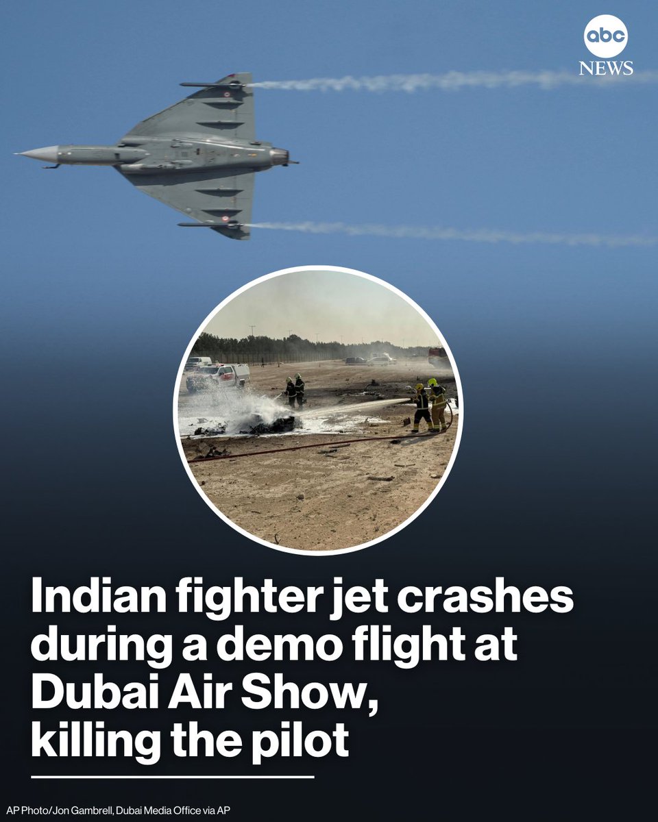 ABC's tweet photo. The pilot of an Indian combat plane died after the aircraft crashed Friday during a demonstration flight for spectators at the Dubai Air Show, the Indian Air Force has said.

Read more: https://t.co/yMXAsVKv9T https://t.co/8Gdrt8Bfml